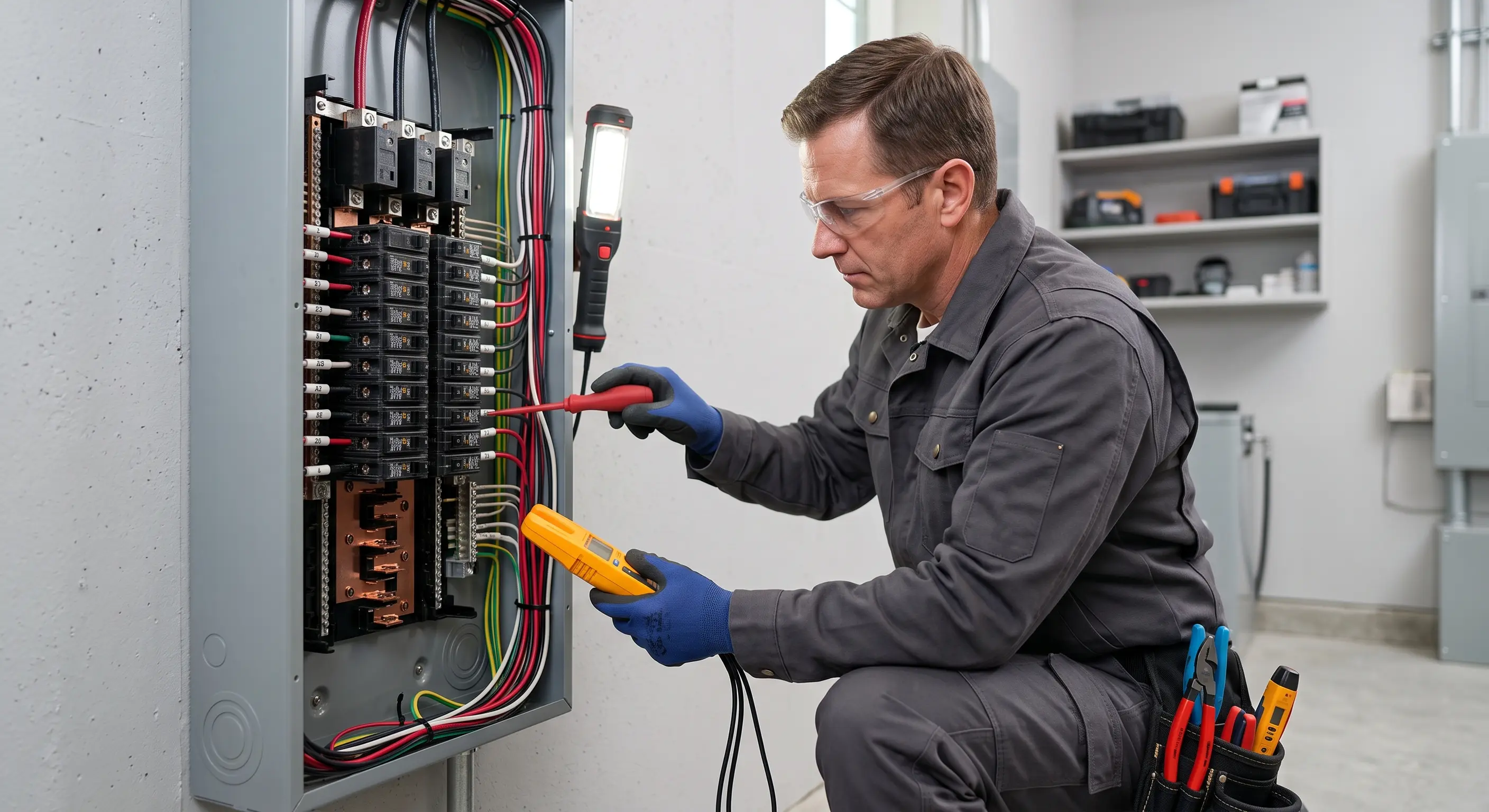 Licensed electrician inspecting a residential electrical panel with testing tools