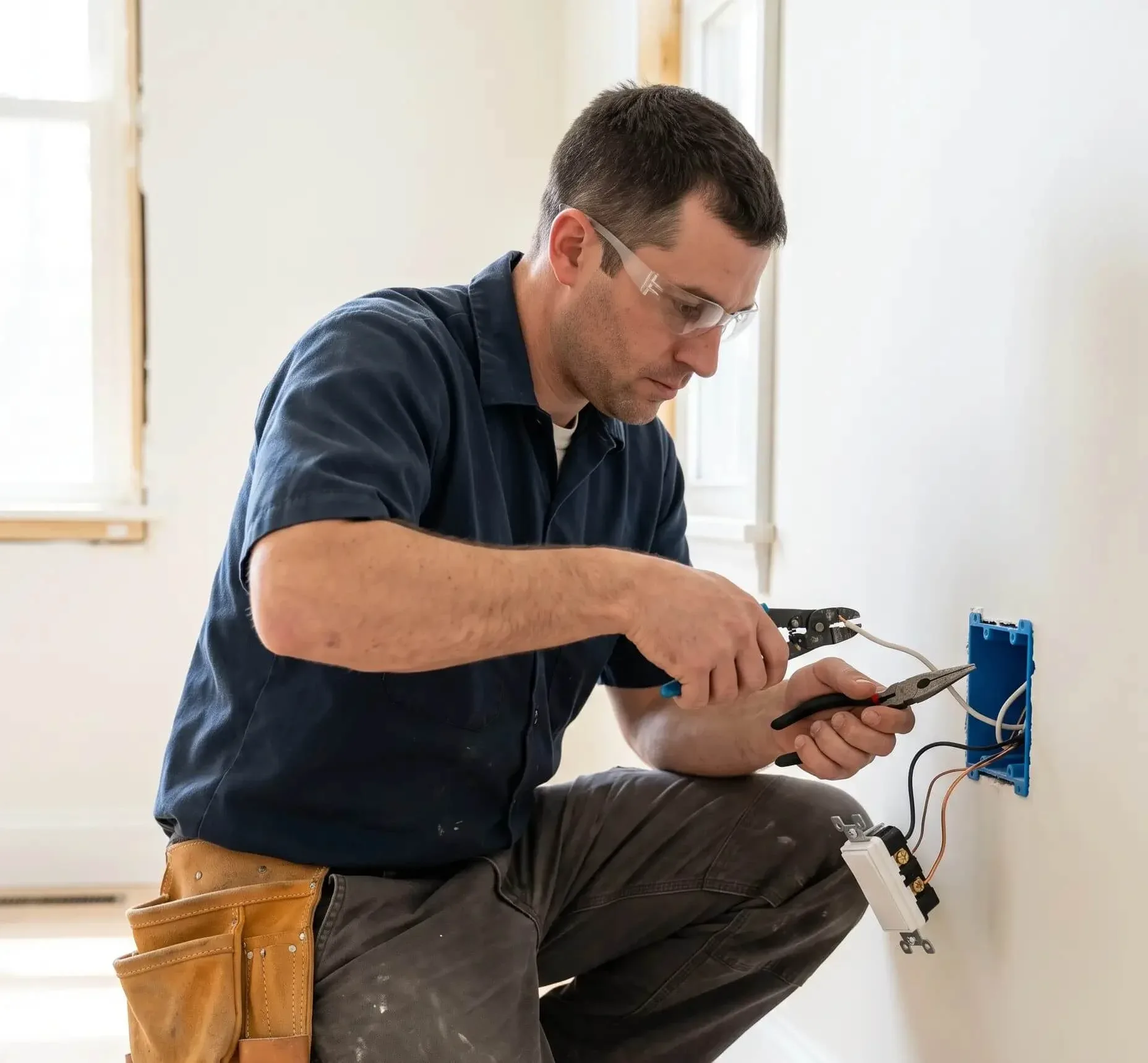 Licensed electrician installing wall outlet wiring in North York