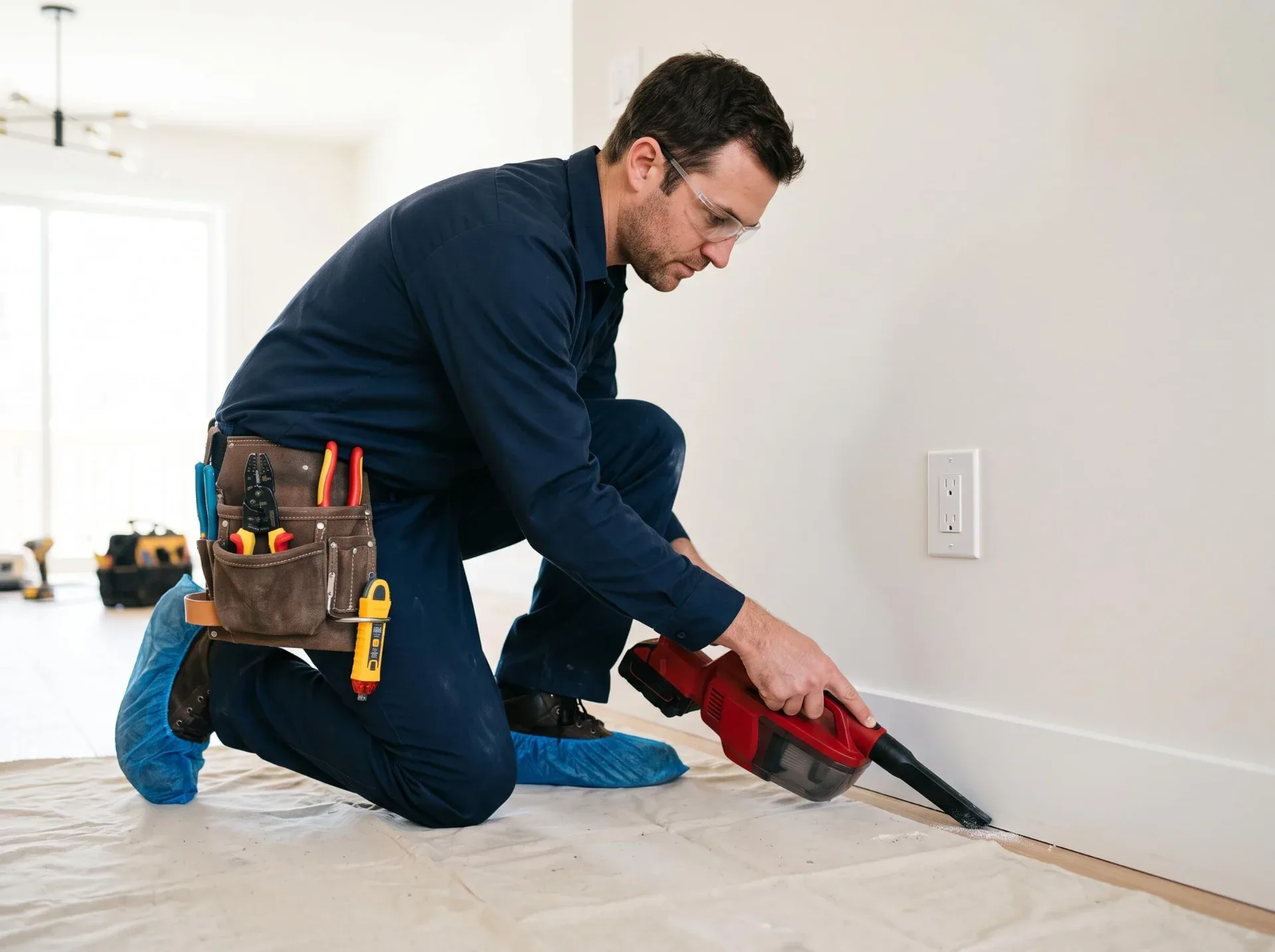 Certified electrical contractor cleaning work area after service in North York