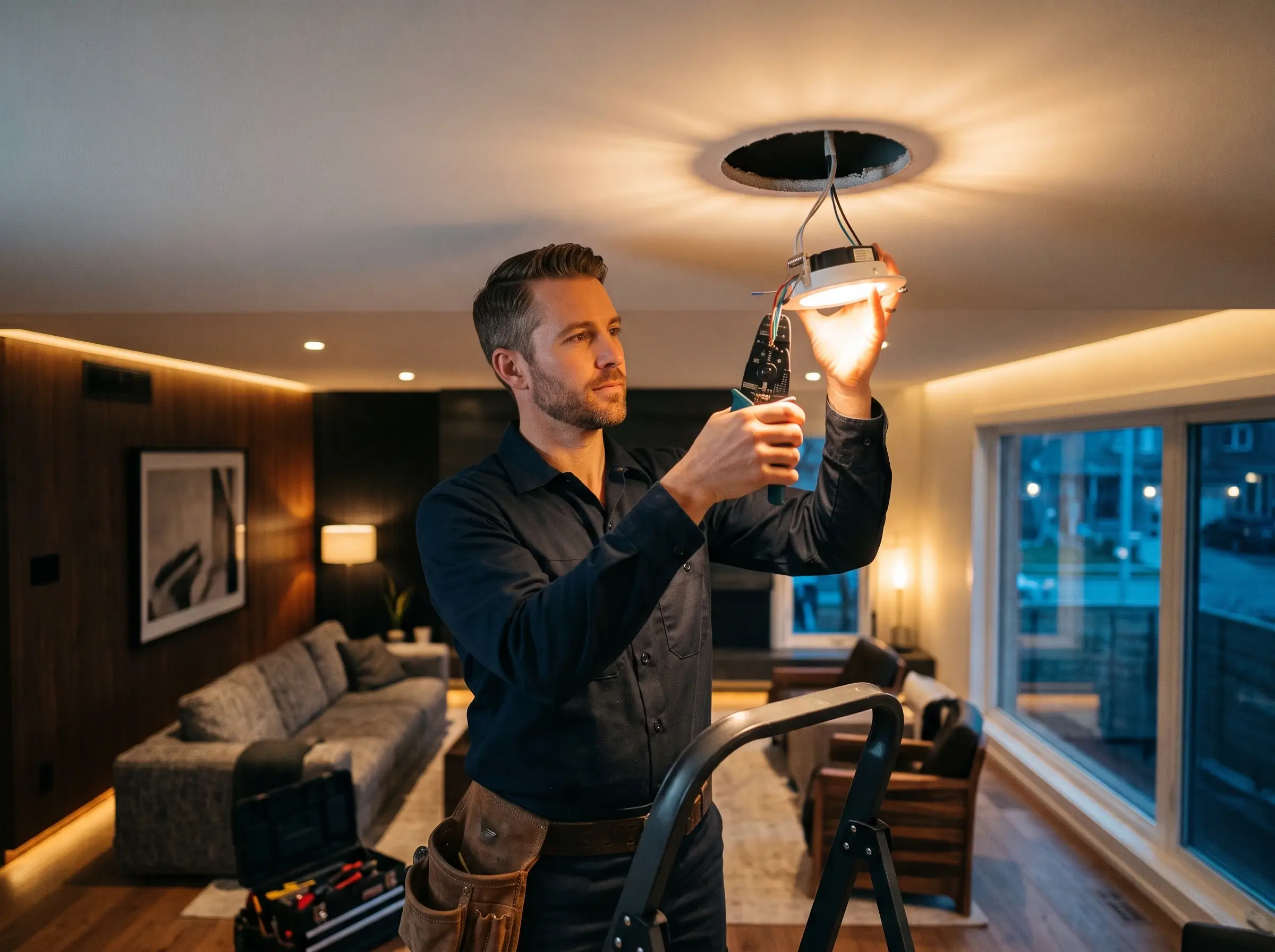 Professional commercial photography of a focused male electrician in a clean dark navy uniform and tool belt, standing on a ladder and actively installing a modern recessed LED pot light into a finished ceiling. 