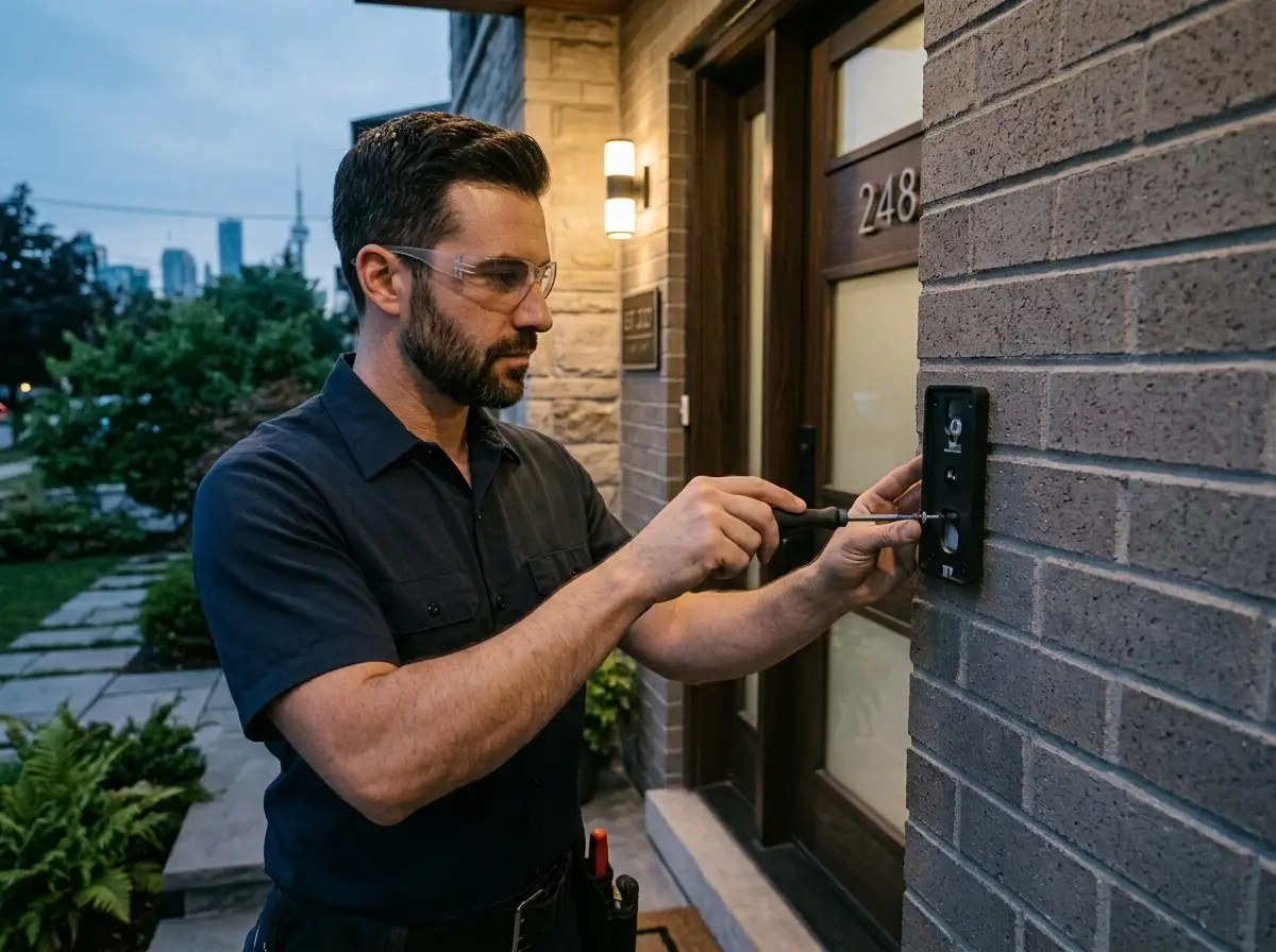 Electrician performing home doorbell camera installation on a brick wall in North York