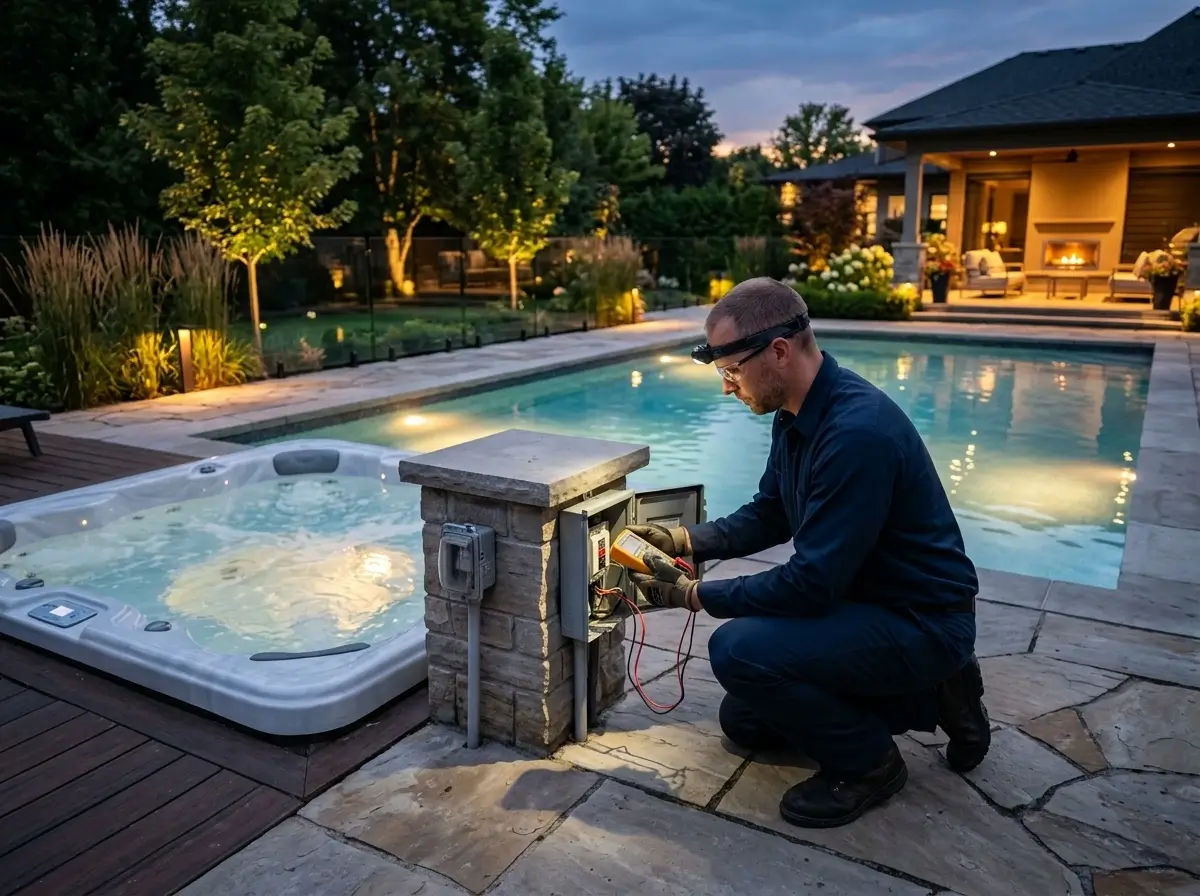 Electrician servicing pool and hot tub electrical panel in North York