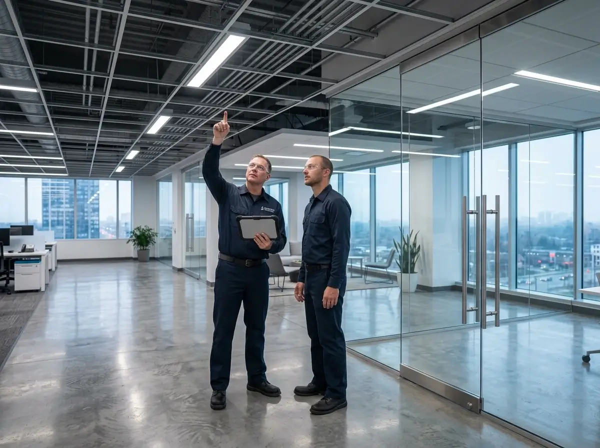Commercial electricians inspecting office ceiling lighting in North York